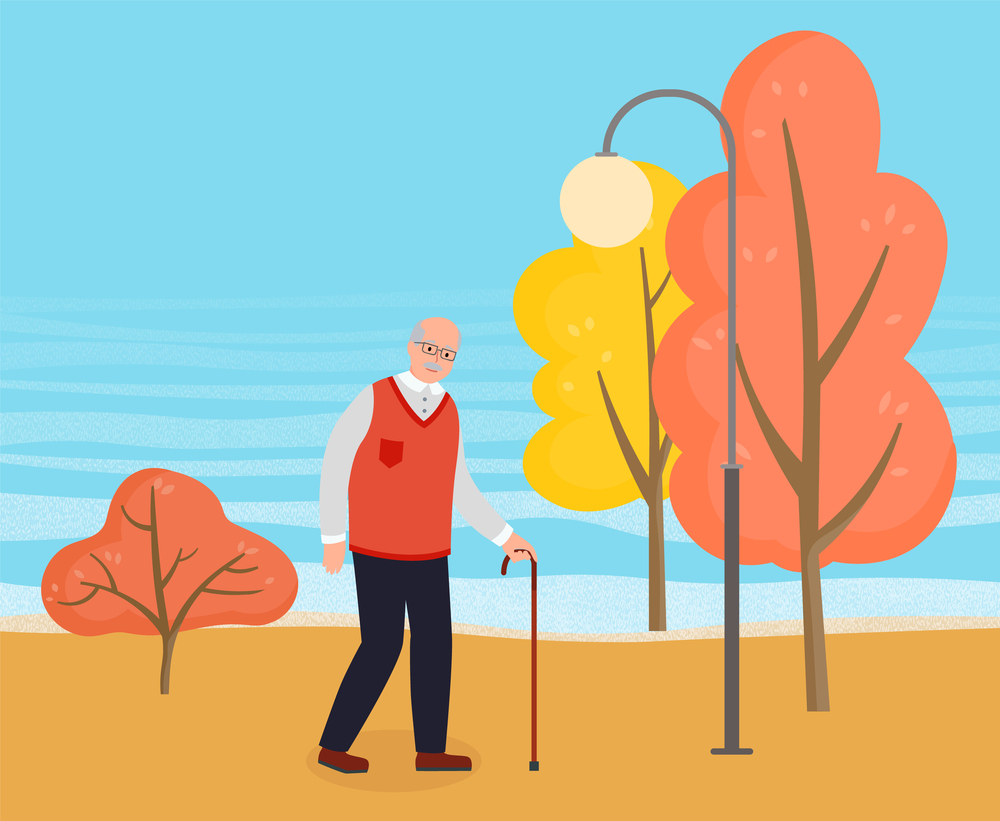 Old man flat vector illustration. An elderly man with glasses and walking cane in autumn city park. Grandfather with a mustache in a red sweater and trousers walking in the street with a street lamp. Old man vector illustration. An elderly man with glasses and walking cane in autumn city park