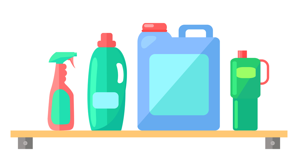 Plastic detergent bottles set. Household chemicals containers plastic bottle pack, cleaning housework liquid domestic fluid cleaner on a shelf on the wall . Industrial chemicals different bottles. Plastic industrial detergent bottles set. Household chemicals containers plastic bottle pack
