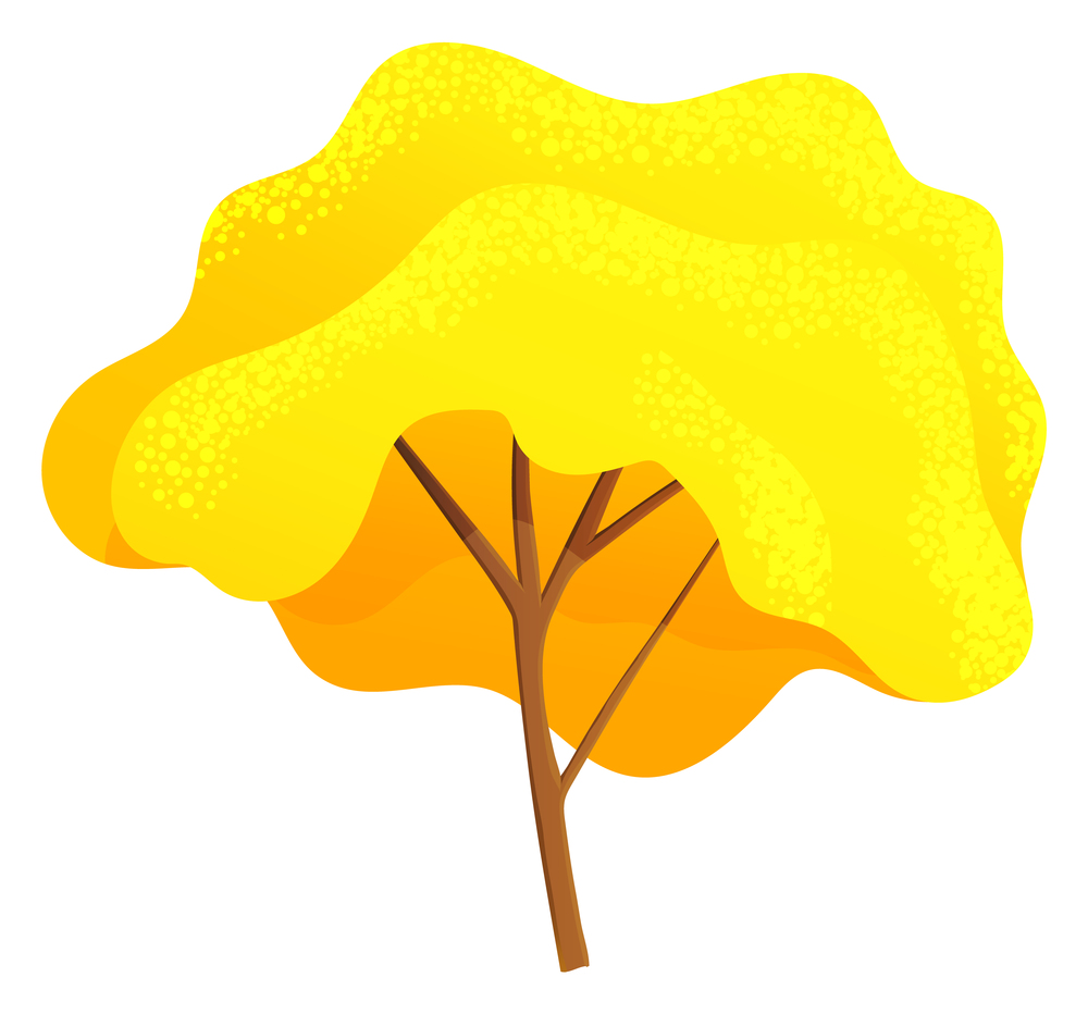 Yellow bright autumn tree or bush with a lush crown, thin brown trunk and branches isolated on white. Vector illustration of big plant with foliage round shape, landscape element in cartoon concept. Yellow bright autumn tree with a lush crown, thin brown trunk and branches isolated on white