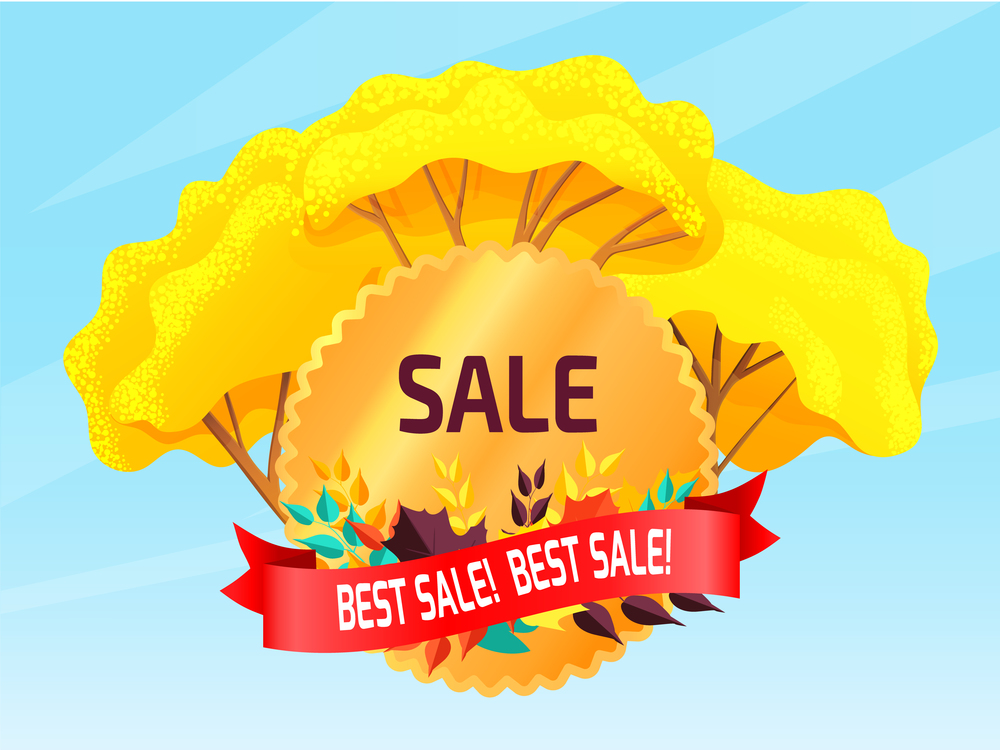 Best season sale, price tag label, advertising vector illustration with colorful autumn plants. Hot price special offer. Yellow trees and leaves, with lettering on red tape, autumn bright landscape. Autumn sale, price tag label, advertising vector illustration with colorful yellow plants
