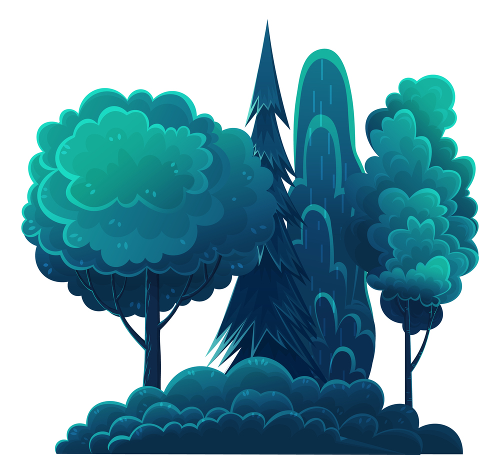 Night in forest, vector cartoon illustration. Tall trees, fir trees and lush bushes isolated on white background. Beautiful nighttime landscape. Plant with leaves in dark blue color summer time. Night in forest, vector art cartoon illustration. Tall trees, fir trees and lush bushes on