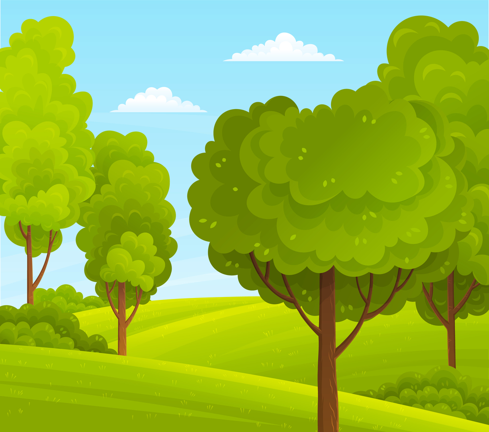 Illustration of big plants with foliage round shape, scenery with green meadow, bushes and blue cloudy sky. Green bright trees with a lush crown, thick brown trunk and branches in a natural landscape. Green bright trees with a lush crown, thick brown trunk and branches in a natural hills landscape