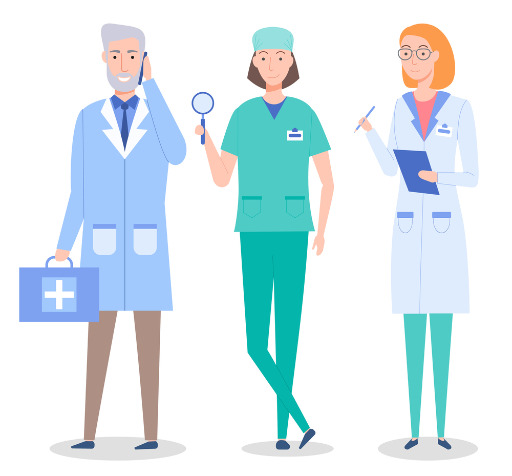 Collective of doctors and nurses characters set flat style. Medical doctors people group icon on a white background vector. Medical professional workers man and woman wearing special clothes. Collective of doctors and nurses characters set flat style. Medical doctors people group icon vector design