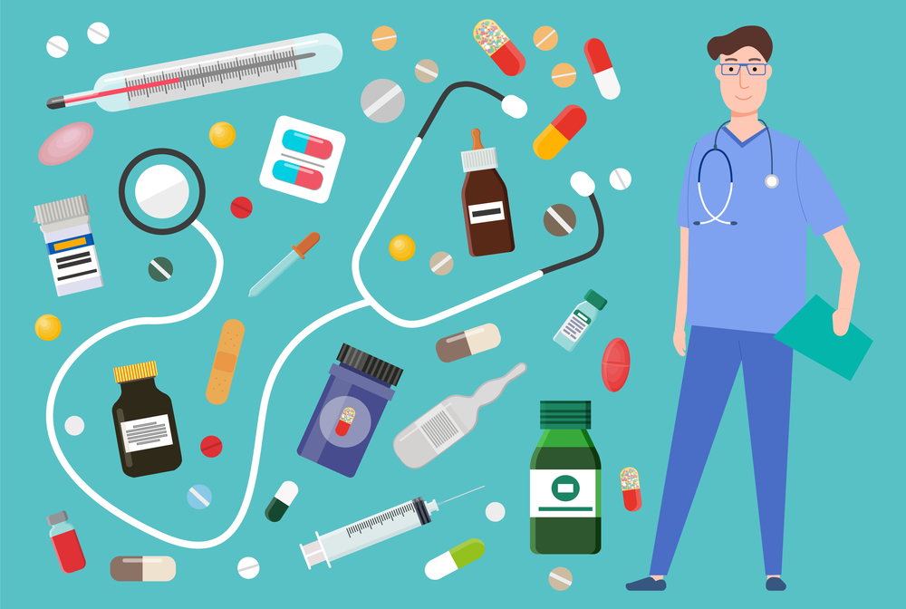 Medicament pharmacy, hospital set of medicines in various forms. Medicament pharmaceutic concept. Doctor and medicines. Set of tablets, blister, spray, syrup, syringe, injection for sickness treatment. Medicine, pharmacy, hospital set of medicines in various forms. Medication, pharmaceutics concept