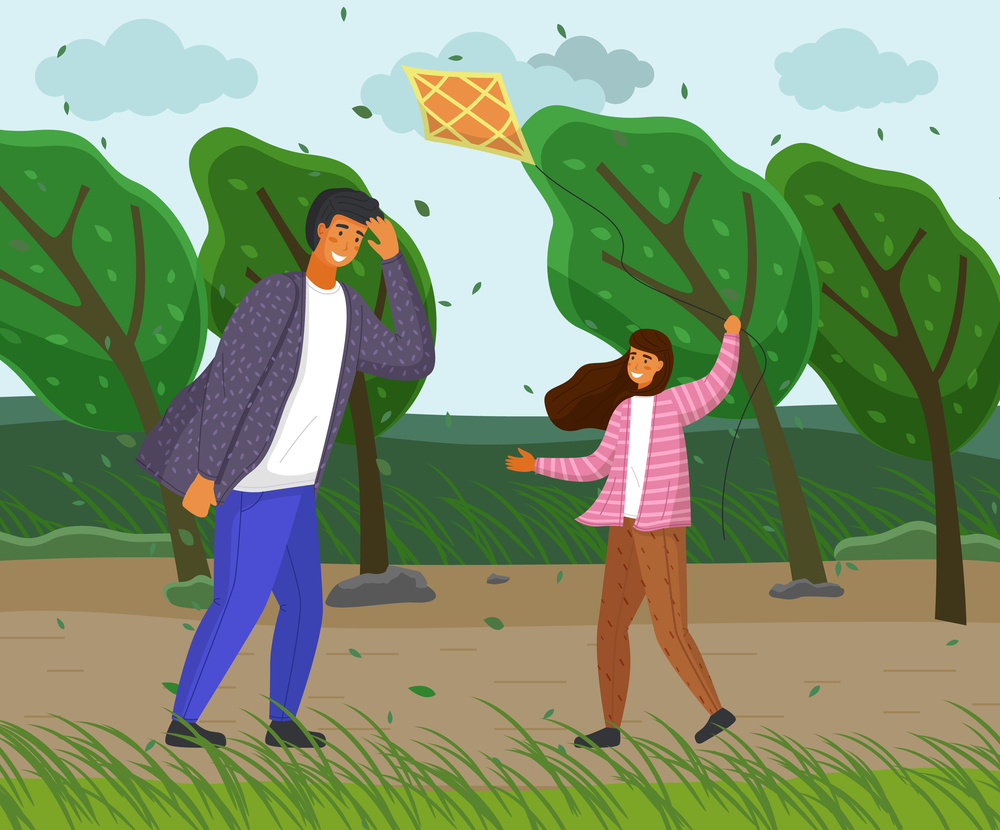 Father and daughter in the park playing with a kite. Family weekend, people walking in weather with a strong wind. Vector characters on the background of trees bend to the ground and clouds. Father and daughter in the park playing with a kite. People walking in weather with a strong wind