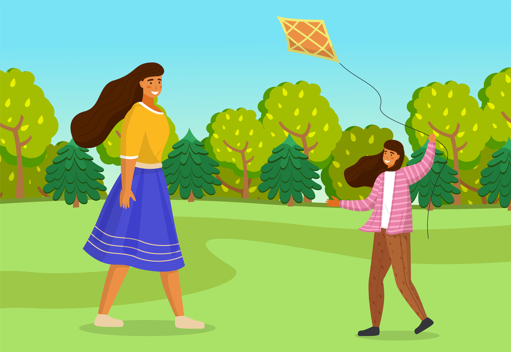 Happy family mother and daughter with kite walking in the park outdoors together outside the city summer day. Smiling woman with cheerful child. Vector illustration family leisure activity flat style. Happy family mother and daughter with kite walking in the park outdoors together outside the city