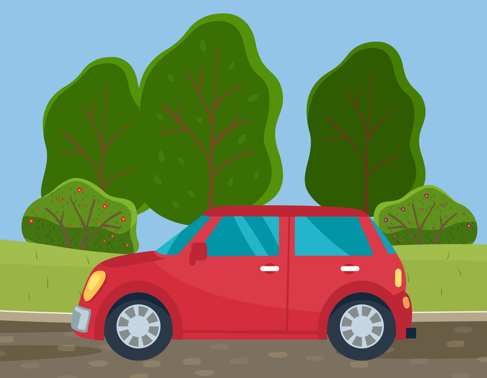 Car drive on a dirt road in the countryside against a green forest with large trees. Country trip on small red vehicle summertime flat vector illustration. Road trips and freight, automobile transport. Car drive on a dirt road in the countryside against green forest. Country trip on small red vehicle
