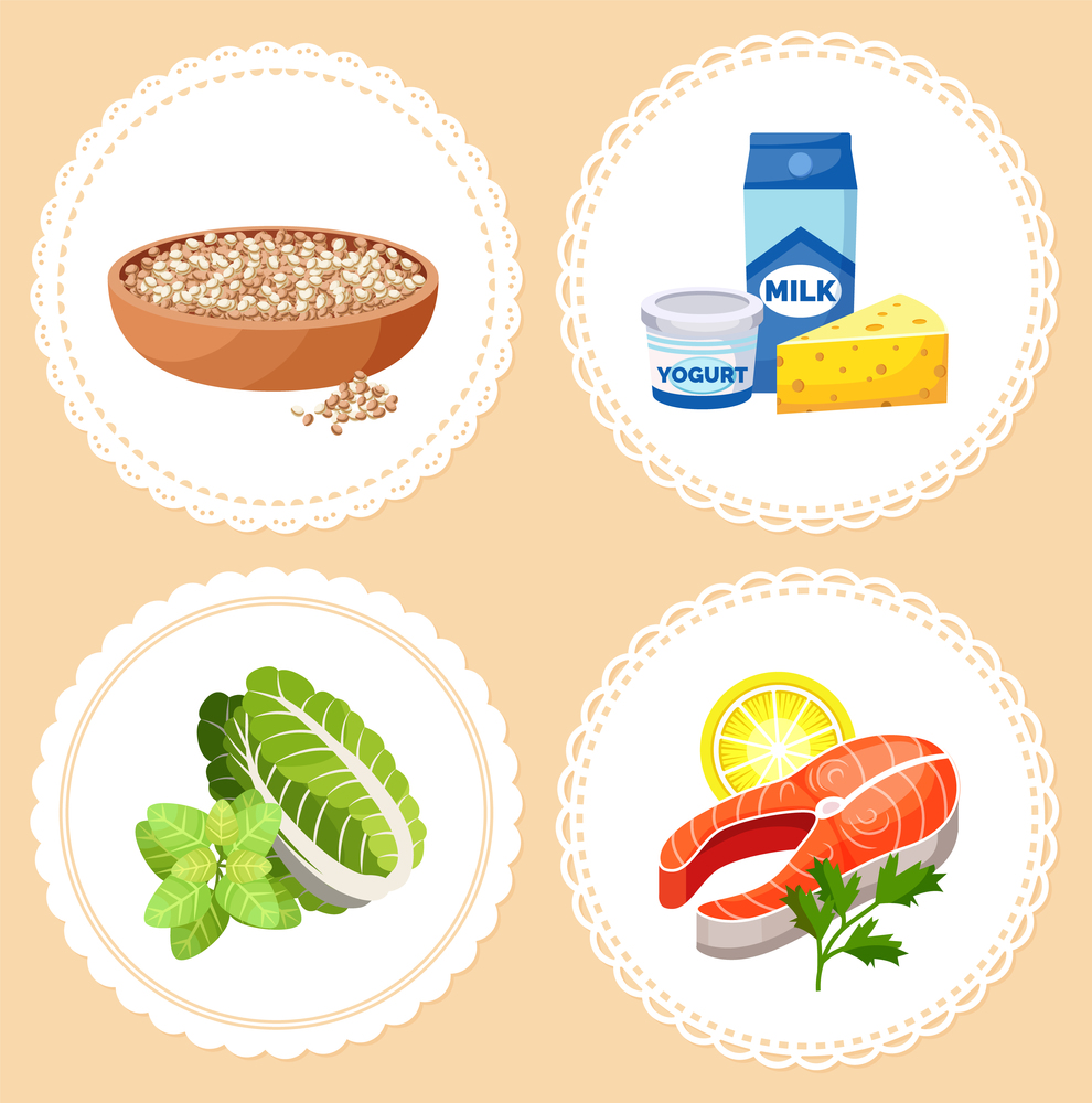 Set of healthy foods while breastfeeding. Wholesome food for a young mom. Lean red meat, low fat dairy products, leafy green salad, legumes. Food collection in white circles on a beige background. Set of healthy foods for young mother while breastfeeding. Meat, legumes, milk, greens. Flat image