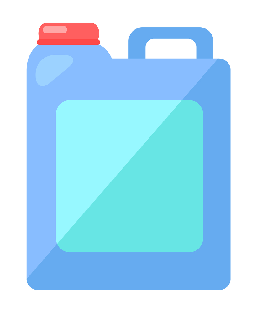 Plastic cartoon square blue canister with red lid. Container for storing liquids, chemicals. Liquid detergent for floors or utensils. Hazardous to nature detergents. Flat image isolated on white. Plastic canister for storing detergent, washing floors or dishes. House cleaning, mopping floors