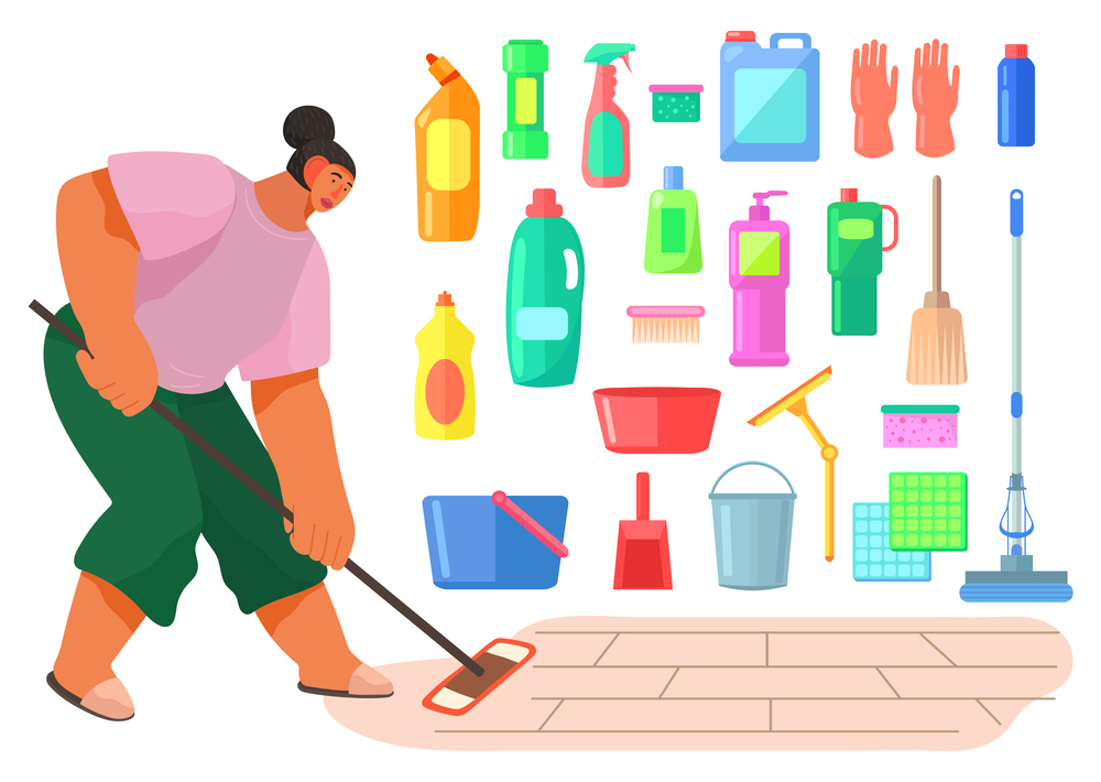 Cleaning at home. Cartoon woman washes floor using mop. Large set of plastic containers, bottles, washcloths, rubber gloves, brushes, brooms. Woman cleans the house, cleaning tools. Cleaning at home. Large set of home cleaning items, mop, washcloth, achemical liquid, woman washes floor