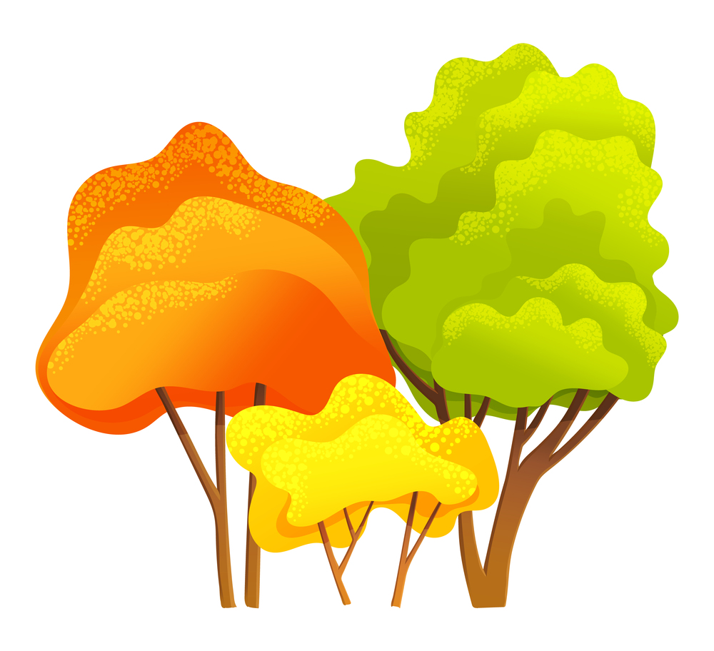 Autumn tree, different sizes and forms trees with green, orange, yellow leaves, autumn symbols, natural concept, landscape interface, forest or wood, organic plant in flat style, environment. Autumn tree, different sizes and forms trees with green, orange, yellow leaves, autumn symbols