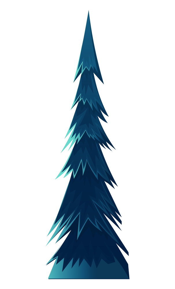 Blue cartoon spruce, fir tree or pine. Flat vector tree image isolated on white. Forever green, coniferous forest, prickly needles. Alaska, taiga vegetation. Cartoon illustration for games, banners. Spruce, pine or fir tree, evergreen plant isolated on white. Conifer in cartoon flat style