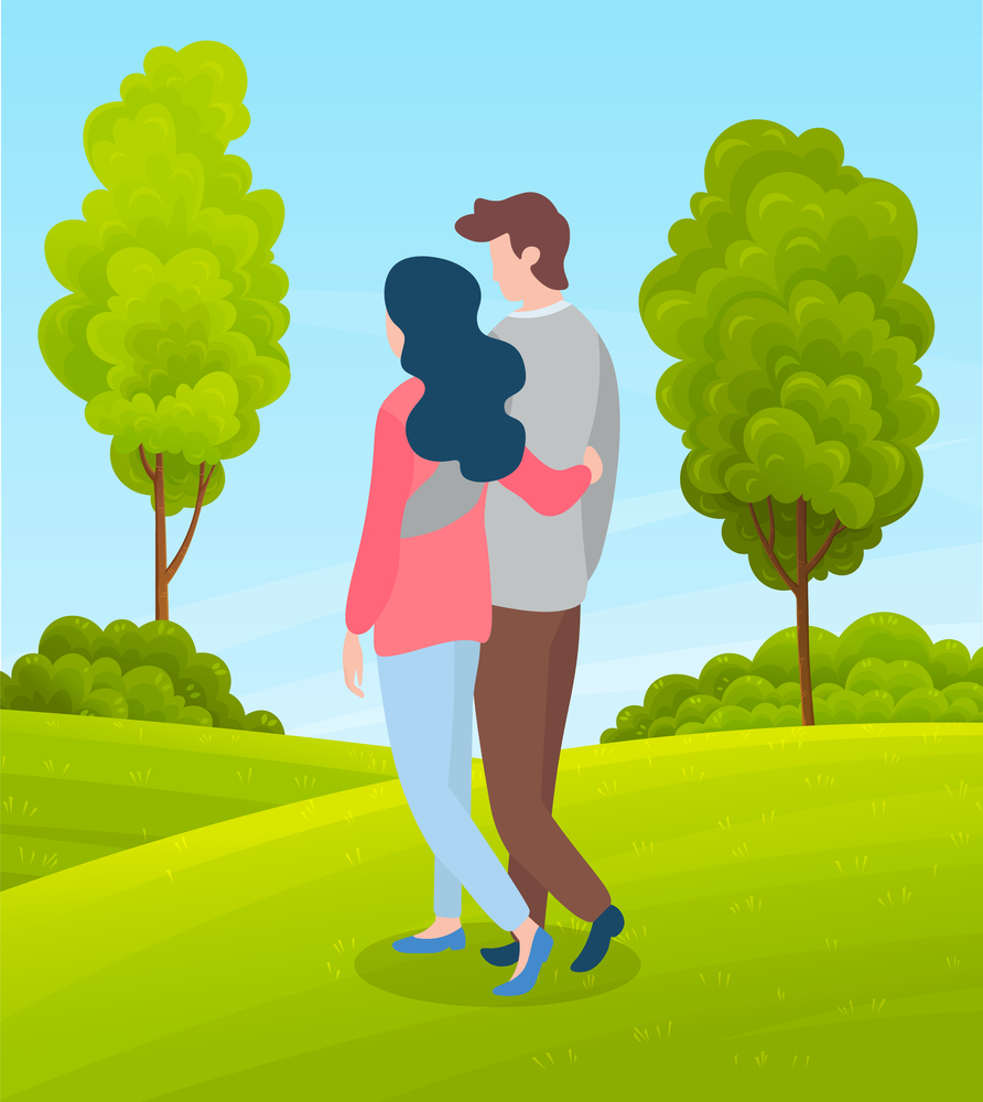 Couple of girl and smiling guy walking in park or countryside, people walk at nature holding hands, woman and man spend leisure time together, outdoors activity, summer view with green hills. Couple of girl and smiling guy walking in park or countryside, people walk at nature holding hands