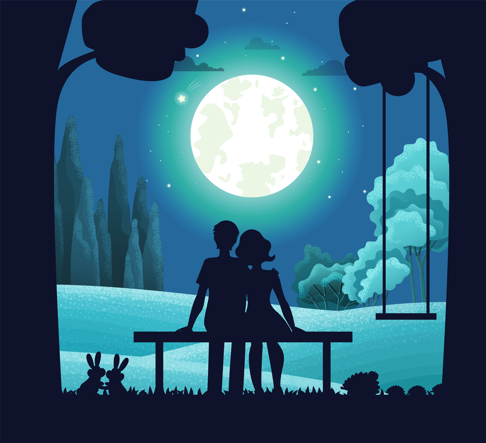 Night forest landscape, young romantic couple sitting on bench under moonlight. Date on moonlit night. Tree with hanging swing, pair of hares. Deciduous forest, bushes background. Bright round moon. Night date on bench, natural landscape, bright moon shines, forest area, lawn, trees. Flat image