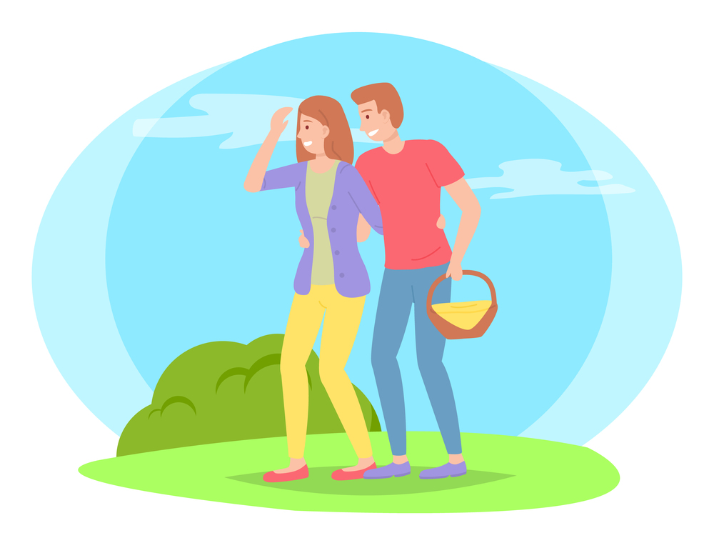 Young couple walks in nature, people looking for picnic place, summer time, guy carries basket of groceries. Bright sun, blue sky, green lawn. Cartoon flat illustration of people isolated on white. People in nature, picnic, man carries basket of food. Summer day off, flat image on white background