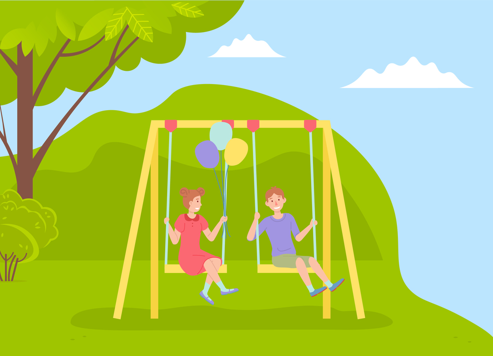 Children spending time at playground, kindergarten, kids have fun, recreation, girl with air balloons and boy rest relax on swing, little children, friends, playtime, summertime, nature outdoors. Children spending time at playground, kindergarten, kids have fun, girl with air balloons and boy