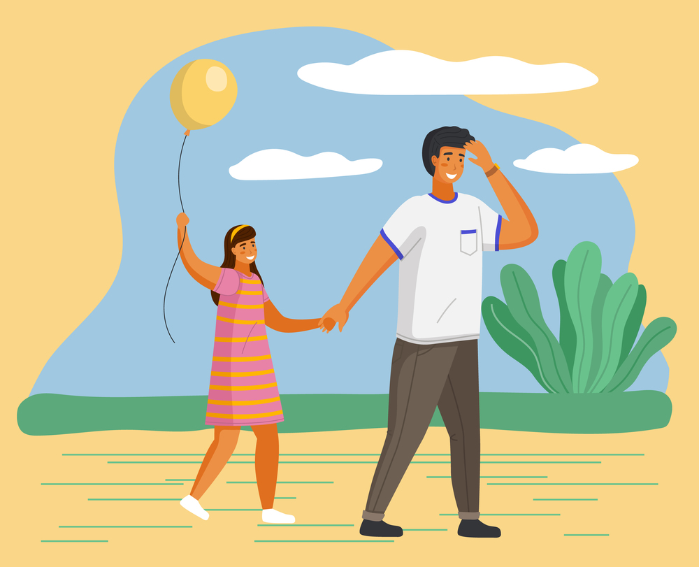 Family walking together outdoors, young father with little daughter holding balloon walk at summer at background of blue sky with clouds and green bush, happy dad and girl spend leisure time together. Family walking together outdoors, young father with little daughter holding balloon walk at summer