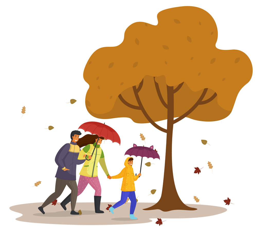 Family walks in windy fall weather. Girl in pink raincoat carries funny eared umbrella. Parents under red umbrella. Autumn yellow tree, leaf falling, rain. Be happy with your family when bad weather. Daughter, dad and mom walking in autumn park with umbrellas, yellow tree, leaf fall. Rainy weather