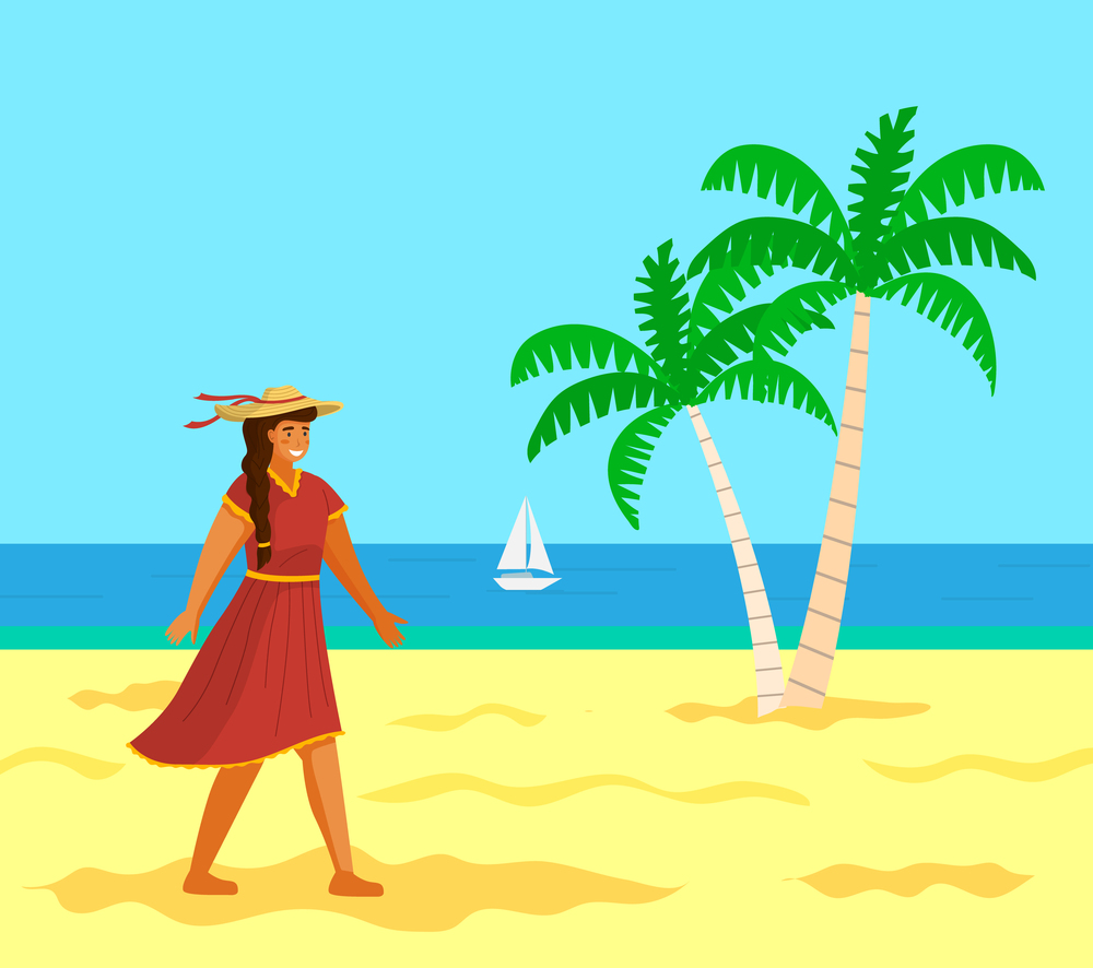 Young long-haired girl in red dress, wide-brimmed hat, beige shoes walking on beach. Tanned young woman under sun. Girl in bright summer dress, with tanned skin. Palms, ocean, sailboat, sun, wind. Young long-haired tanned girl in red dress, wide-brimmed hat with flying ribbons walking in beach