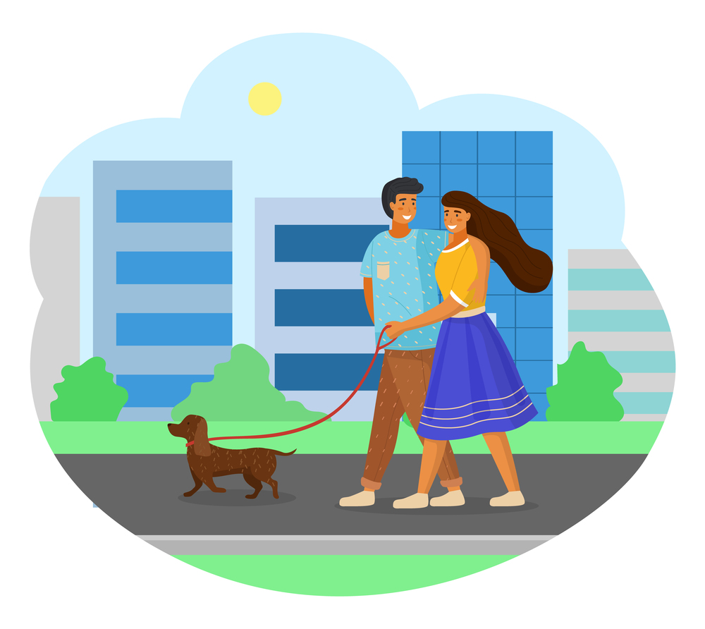 Married couple walking with dog on city street. Woman in yellow blouse and blue skirt holds leash, man in brown trousers hugs girl by shoulders. Happy family on walk with pet. Shapeless frame. Happy family walking a dog. Girl holds dog leash, guy hugs girl by the shoulders. Cityscape