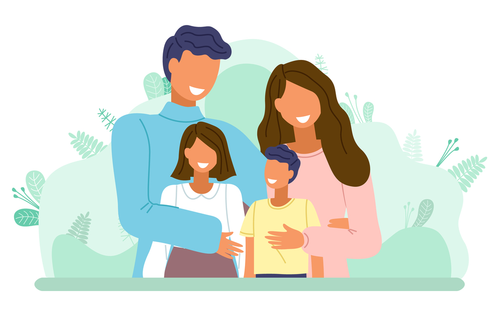 Happy family at green leaves background. Mother, father, boy, girl portrait. Smiling parents and their children kids hugging. Positive young mom and dad, daughter and son. Cute family isolated. Happy family at leaves background, mother, father, boy, girl portrait, smiling parents children