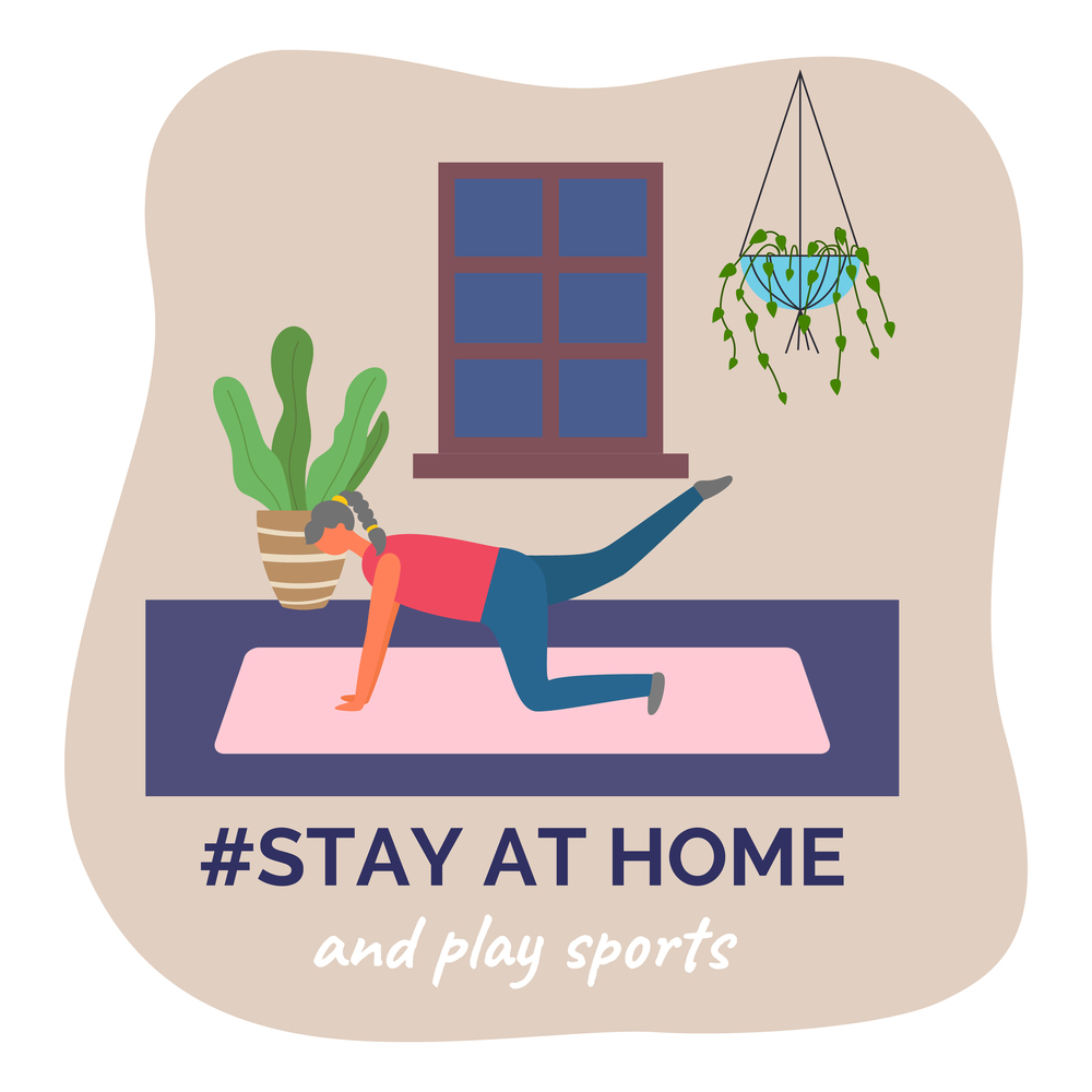 Stay at home and play sports. Quarantine self-isolation leisure. Woman making sport exercises, fitness training. Home gym. Girl doing leg swing, exercise for ass. Energy of body, lose weight. Stay at home and play sports, woman doing leg swings, exercise for ass, press, body health