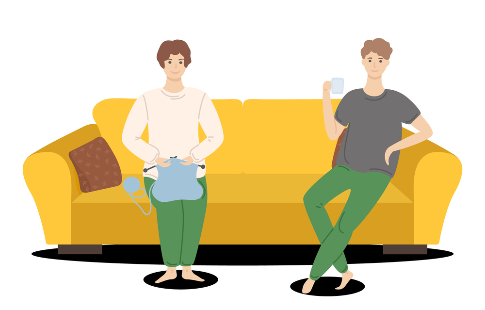 Relaxing at sofa, family spend time together, woman knitting cloth, young guy drinking coffee or tea, leisure time at home, couple rest at couch, isolated cartoon characters, daily routine, recreation. Relaxing at sofa, family spend time together, woman knitting cloth, young guy drinking coffee or tea