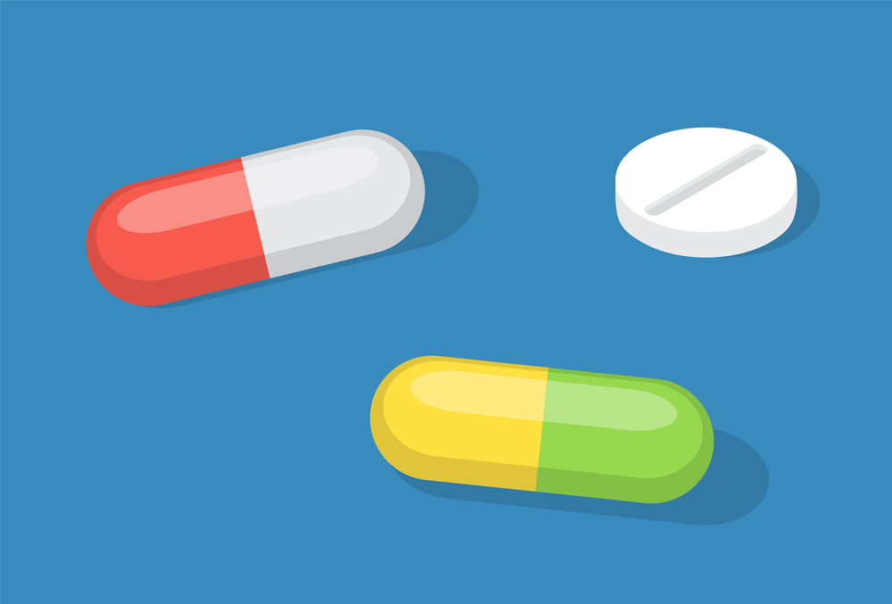 Isolated capsules, tablets, pills, healthcare and treatment, medicament, drugs, cure, remedy. Medicine for illness, sick people. Medical assistance Flat isometric illustration with medical icons. Isolated capsules, tablets, pills, healthcare and treatment, medicine, medicament, drugs, remedy