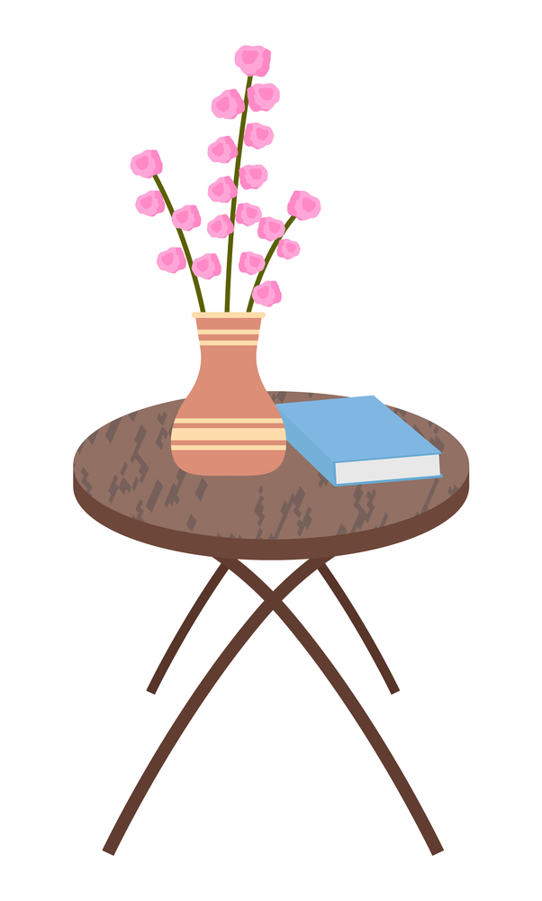 Isometric wooden table with flowers in vase, book isolated at white. Coffee table with diary and fresh flowers. Decoration elements for house. Wooden furniture, spring branches with pink blooming. Isometric wooden table with flowers in vase, book isolated at white, coffee table with diary