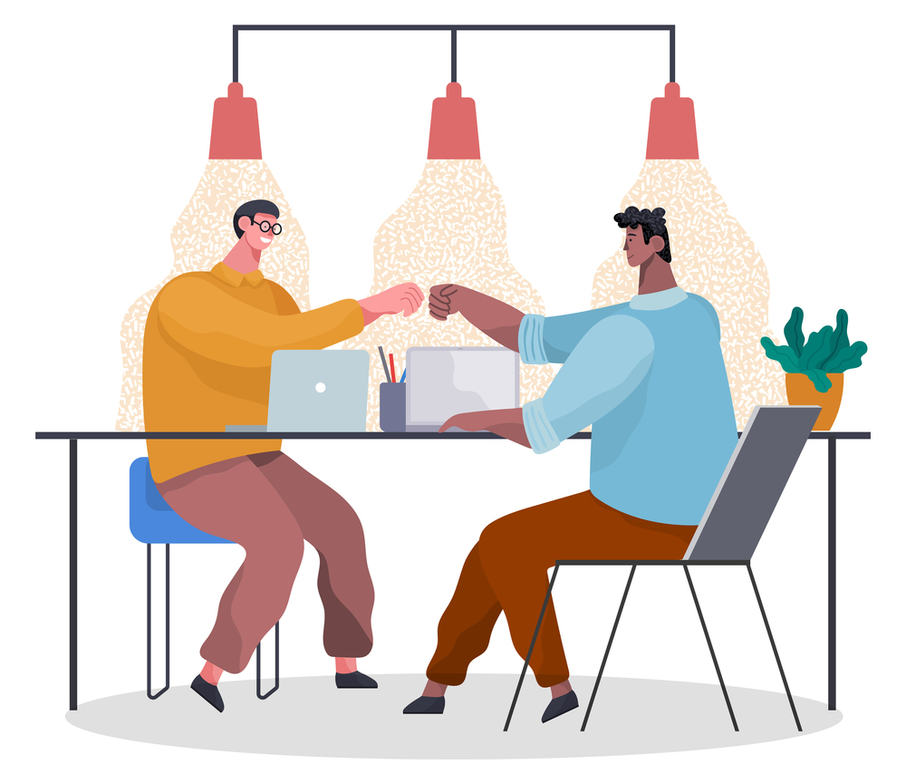 Men office workers fists bumping at a table with laptops. Victory celebration, business cooperation. Team building. Teamwork. Office space, light pours from the ceiling lights. Flat vector image.. Fists bump employees as a sign of cooperation. Team works in the office. Office space. Flat vector