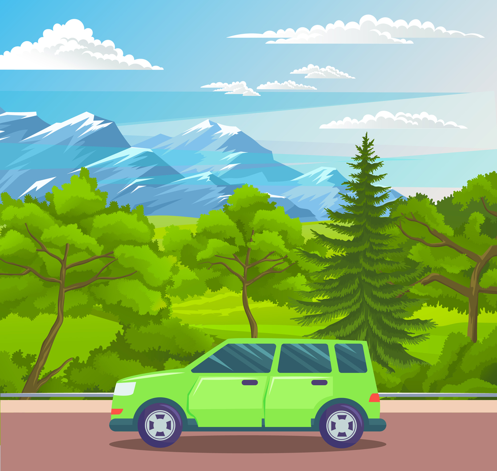 Car or automobile riding at road behind green trees, fir-tree, green hills, bushes. Green auto moving at background of mountains with cloudy sky. Traveling by car. Trip with auto. Vector illustration. Green car riding at road at mountains background, traveling by car, summer time, green nature