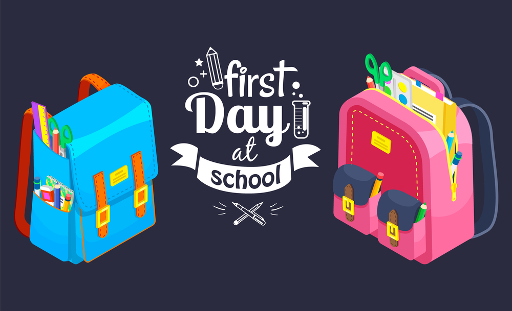 Flat illustration of a red and blue school backpacks with stationery inside, designer white lettering First day at school. Dark blue background. Educational topics. Creative design for banner, site. Blue and red backpacks on a dark blue background. Slogan First day at school. Flat image