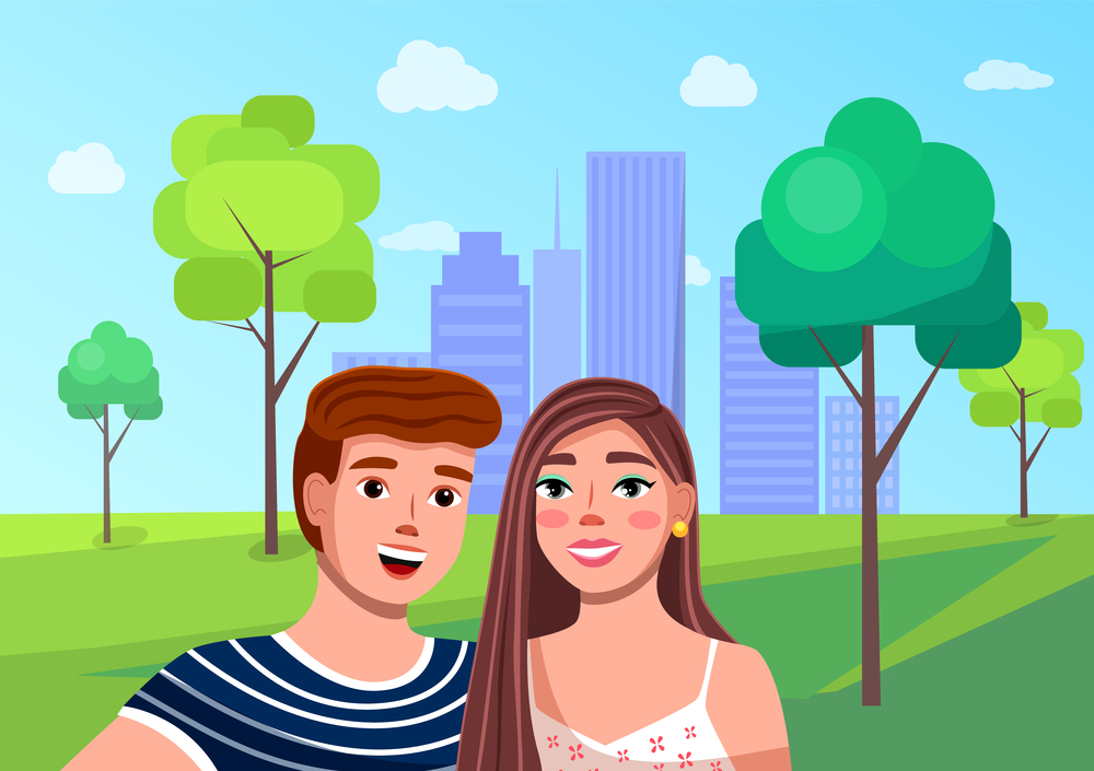 Happy young couple make a selfie at city park background, with buildings at horizon. People traveling and making photo. Photo of cute young girl and guy smiling. Persons photographing themselves. Young guy and girl making selfie at public city park background, people traveling, making photo