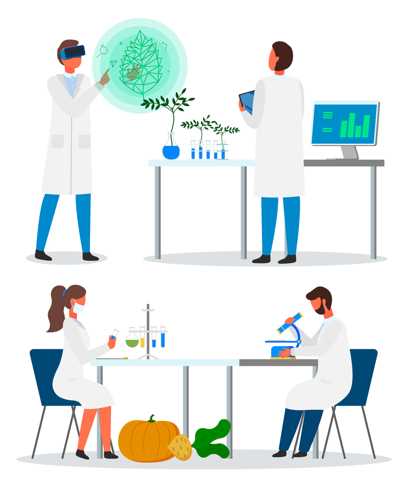 Set of illustrations. Laboratory experiments methods of plants breeding. Using virtual reality glasses. Exploring agricultural genetic with microscope. Researches engineers growing plants from tubes. Set of illustrations, engineers making laboratory experiments with breeding plants, biotechnology