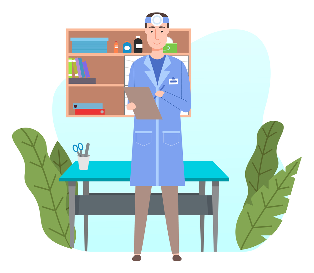 Young friendly doctor with otolaryngological forehead mirroror standing and holding clipboard. Man in blue medical gown in doctor s office near the examination table. Shelves with professional items. Young doctor with reflector in gown stands near examination table with clipboard in doctor s office