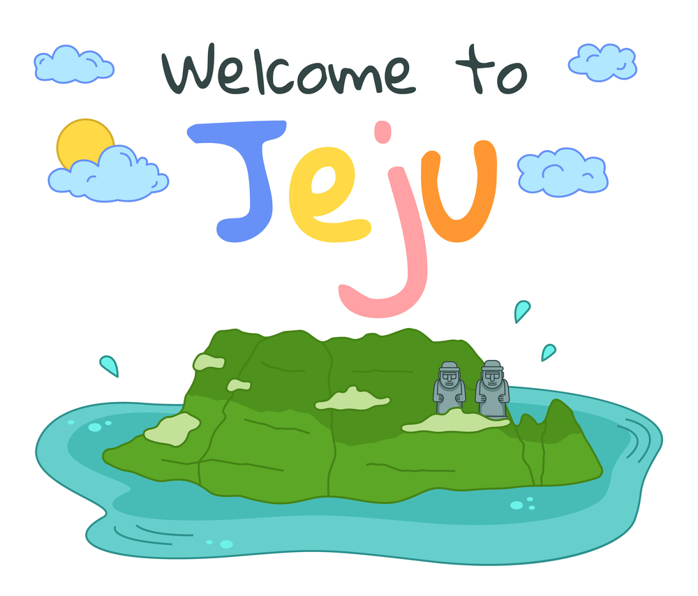 Welcome to Jeju island in South Korea, poster or banner, traditional landmarks, symbols, popular place for visiting tourists, Dolharubang statue at green tropical island with water, travel concept. Welcome to Jeju island in South Korea, poster or banner, traditional landmarks, symbols, traveling