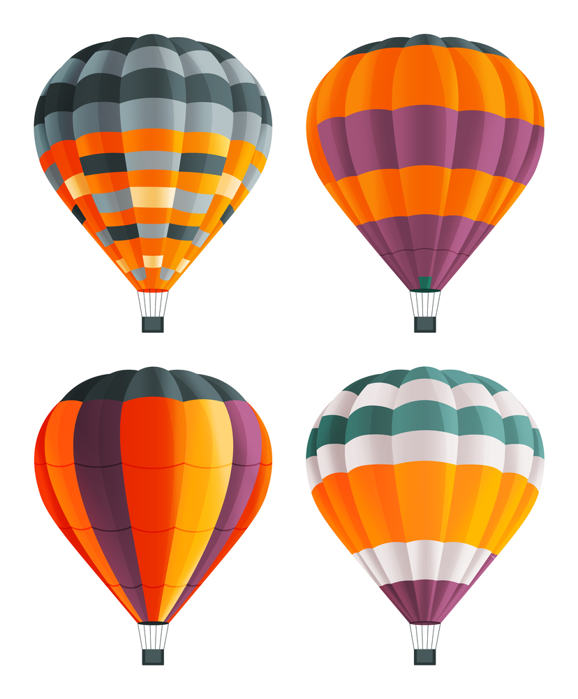 Set of colorful balloon for flights. Hot aircraft. Flying in the clouds on bright airship. Cartoon airy flying hot air machines. Varicoloured stripes aerostats. Balloons festival. Flat image. Set of four colorful hot air balloons. Aircraft, aerostat, floating airy machine. Flat image