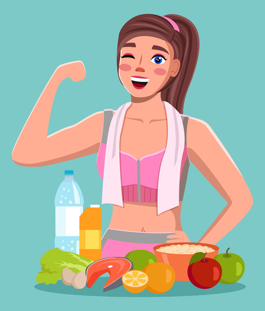 Healthy lifestyle, sport, natural food, proper nutrition, vitamins, organic meal, collection of water in bottle, juice, cabbage, eggs, salmon, lemon ornage apple oatmeal smiling sportive girl. Healthy lifestyle, sport, natural food, proper nutrition, vitamins, organic, collection of eco meal