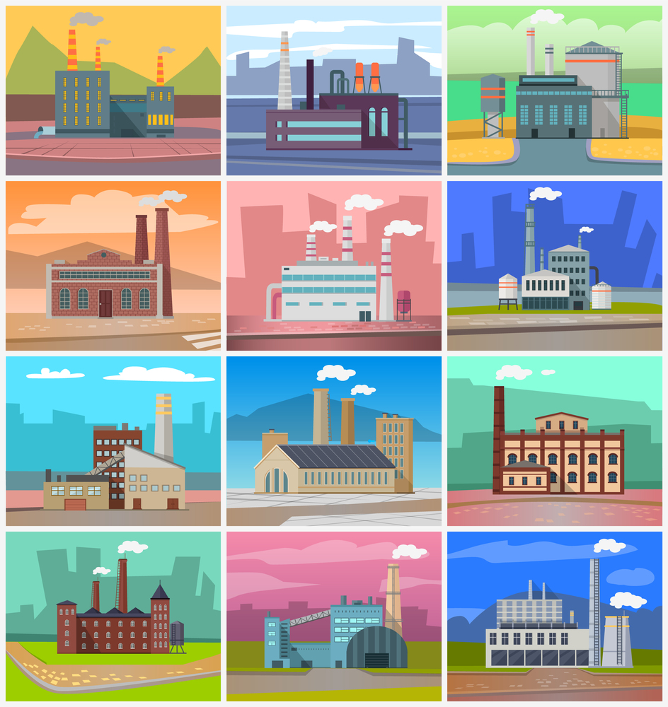 Industrial enterprises, cityscapes and cities with factories. Smoke and fumes from pipes, industry development, manufacture old town structure. Urbanscape road Building of factory. Flat cartoon plant. Factories and Enterprises, Industry Manufacturing plant