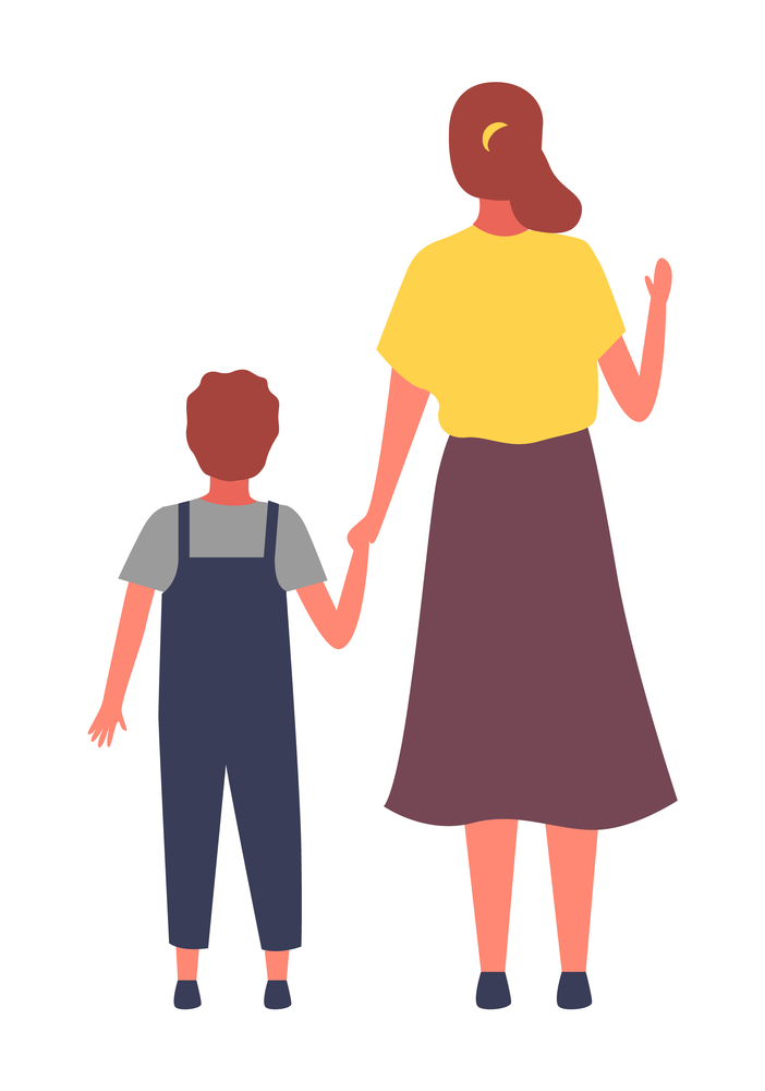 Mom and son stand with their backs. Mother raises her hand up, greeting gesture. Modernly dressed people. Boy and woman. Backside view vector illustration. Catroon illustration for presentation, games. Mom and son backside view vector illustration. Woman in skirt rises her hand up. Boy in overalls