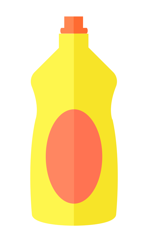 Cartoon curly yellow plastic bottle with a red dispenser. Dishwashing liquid with a red oval label. Clean at home, wash dishes, cleaning agent. Flat vector illustration isolated on white background. Yellow plastic bottle for dishwashing. Plastic container for storing liquids. House cleaning