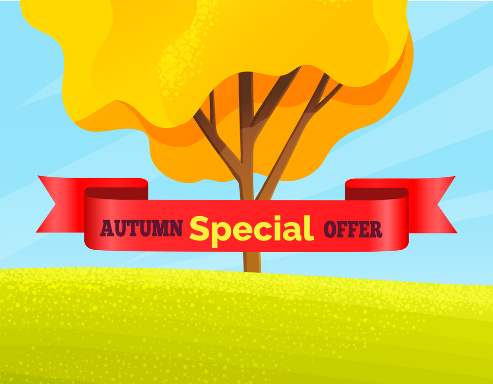 Autumn tree, lush yellow crown, yellow-green field, red advertising tape, inscription Autumn special offer. Colored letters, promotion, announcement, marketing trick. Flat design for web sites. Yellow autumn tree, green field on blue background. Advertising lettering Autumn special offer