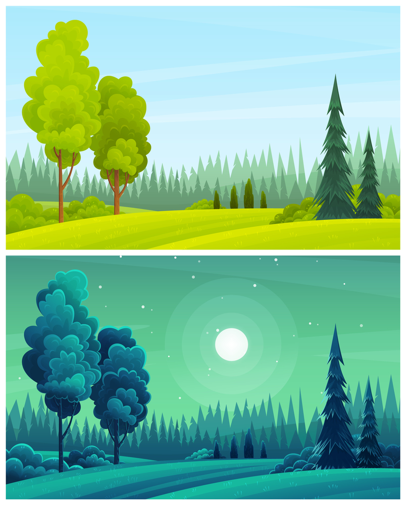 Day and night landscape with hills, forest, fir-trees, view at scenery with clear sky, full moon, summer fields with bushes and plants, nobody, ecological, non-urban, scene of countryside, wild. Day and night landscape with hills, forest, fir-trees, view at scenery with clear sky, summer fields
