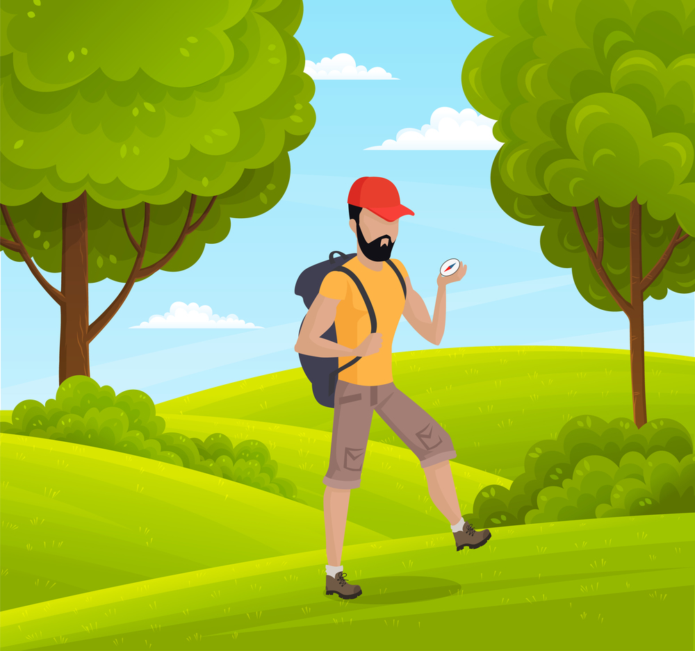 Bearded young man in cap with compass and backpack travels through the forest. Countryside, green spaces. Summer time. Walks in the open air. Flat vector image for website, banner, application. Young guy tourist with compass and backpack. Green landscape, trees, grasses, clear sky, countryside