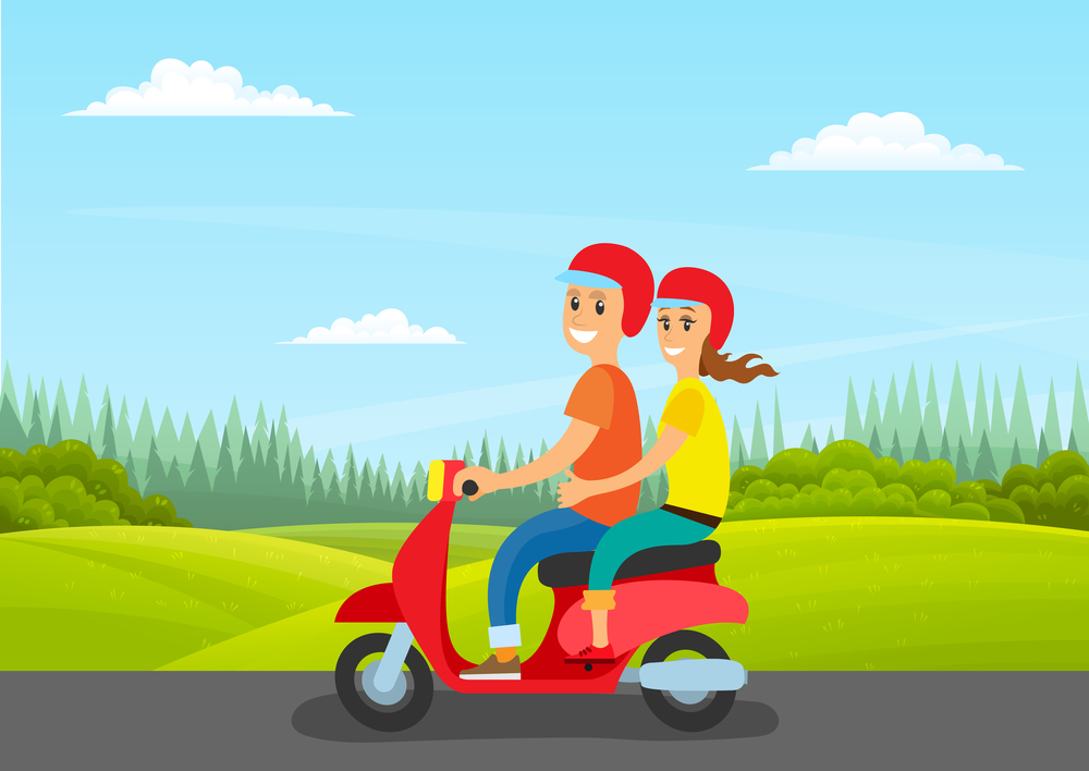 Cheerful people ride scooter on road. Green fields, bushes, lines of conifers on the horizon. Landscape. Strip of coniferous forest. Bushes, shrubs, grass, wildflowers. Natural landscape. Flat image. Couple rides motorcycle on road, nature, green lawn, spruces and pine trees on horizon. Clear sky