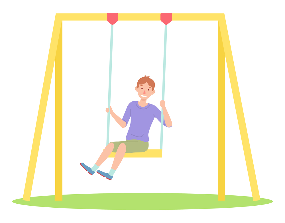 Smiling boy in purple T-shirt, green shorts is swinging on yellow swing, green lawn, playground. The child is actively resting in nature. Happy childhood. Cartoon vector image isolated on white. Happy boy has fun swinging on swing, playground. Outdoor games. Flat vector image on white