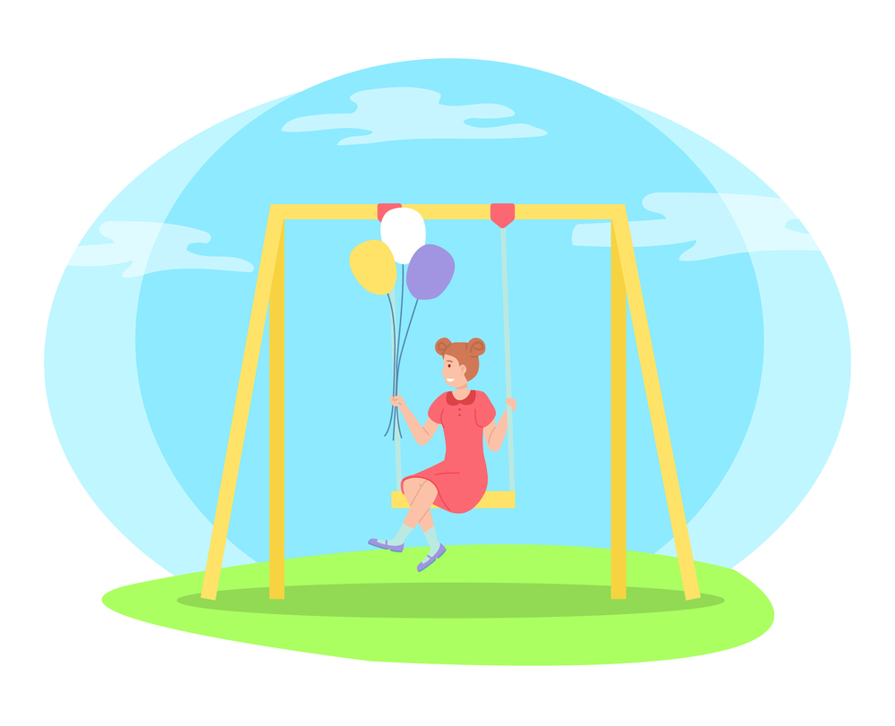 Girl spending time at playground, kindergarten, kid have fun, recreation, pretty girl in dress with air balloons rest relax on swing, little child, playtime on playground, isolated chartoon character. Girl spending time at playground, kid have fun, recreation, pretty girl in dress with air balloons