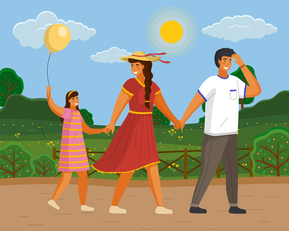 Family of three walks in park along road, bright sun. Mom in hat, girl with yellow balloon, dad covers eyes from the sun. Green landscape, picturesque area. Spend time with family, day off. Flat image. Family walks in nature. City park, bushes, wildflowers, clear sky, sun. Flat image for web