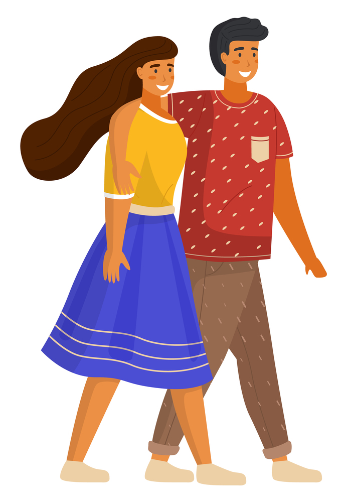 Couple of young girl and guy hugging walking, pretty female wearing skirt and shirt, man in t-shirt and trousers, people in casual clothes, isolated stylish flat cartoon characters, portrait or avatar. Couple of young girl and guy hugging walking, female wearing skirt, shirt, man in t-shirt, trousers