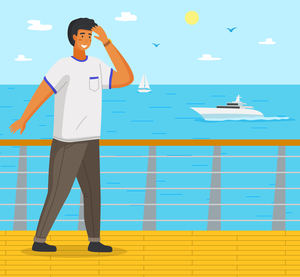 The guy stands on the pier, sea, ocean, boats, boats, sailboats Young man in white T-shirt and gray-green pants covers his eyes with hand from scorching summer sun. Hot exotic summer resort. Guy stands on pier, covering eyes with hand. Sea, boats, boats, sailboat on horizon. Summer vacation